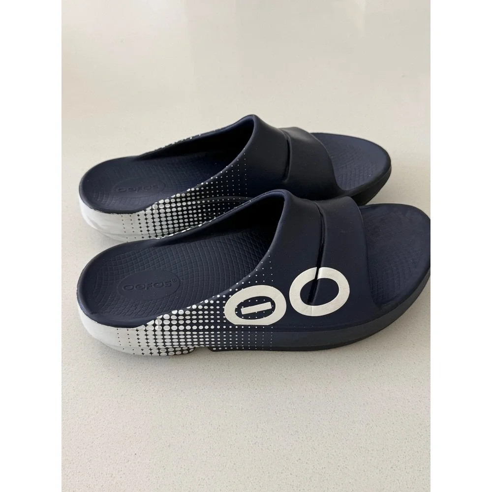Oofos OOahh Sport Flex Recovery Slide Sandals Navy Blue White Mens 8 Womens 10